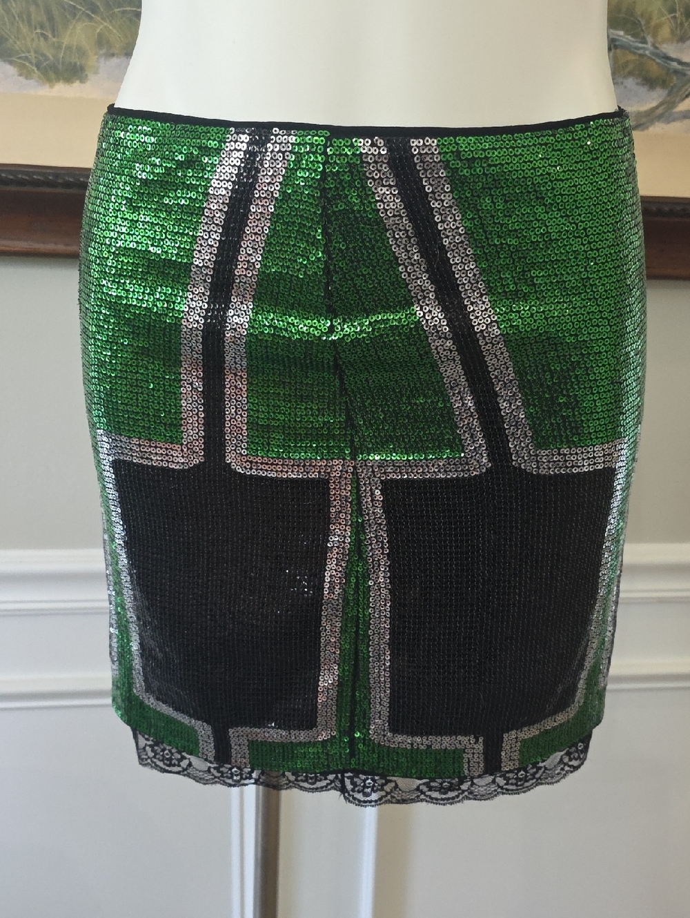 Custo Barcelona Green and Black Sequined Mini Skirt with Silver Trim